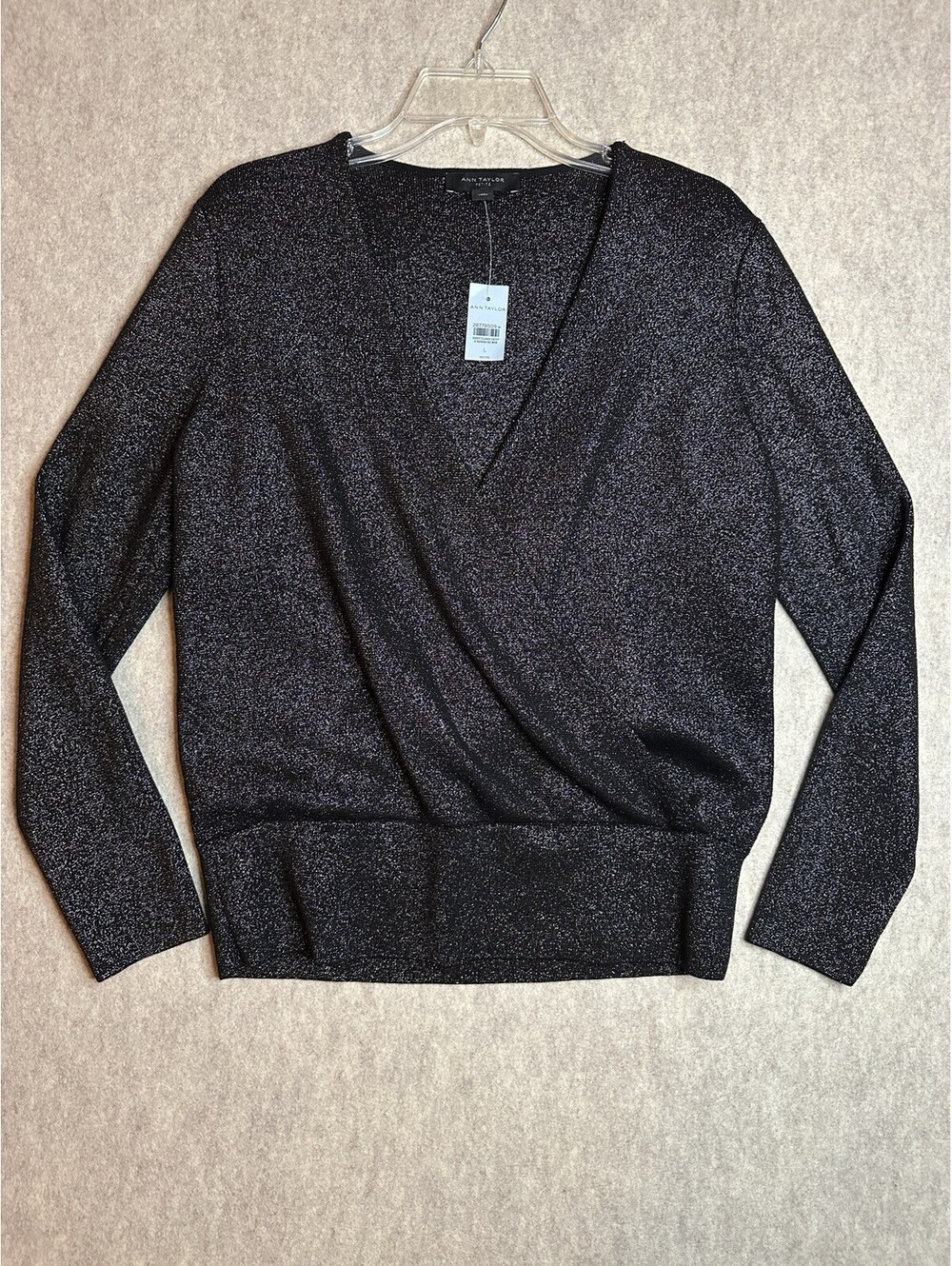 Ann Taylor Shimmer Wrap Sweater Women’s Petite Large Black Silver Metallic Knit